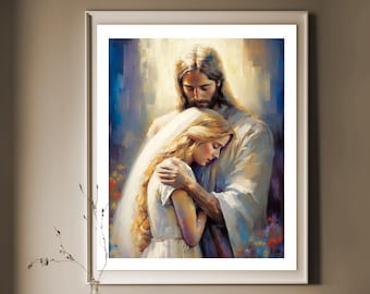 Jesus with a girl (Blonde hair), two designs, Girl Hugging Christ, Jesus with a young woman,  Jesus is embracing girl