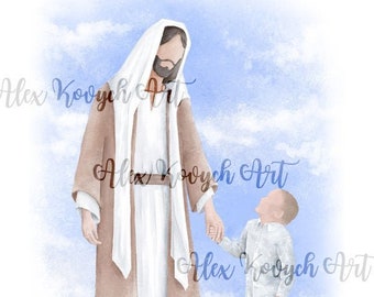 May include: A watercolor painting of Jesus Christ with a white robe and a young boy holding hands. The background is a blue sky with white clouds.