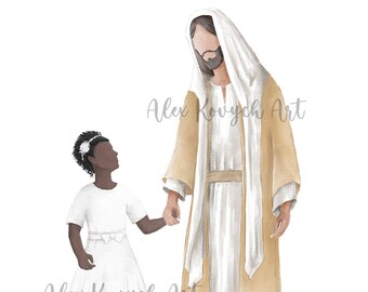 Jesus und Mädchen Aquarell Druck, Christus Portrait (Digitaler Download)