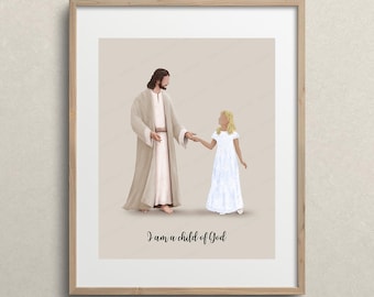 Jesus walking with a girl ( Light hair ), Christ watercolour portrait with children, I am a child of God, Baptism decor, Primary printable