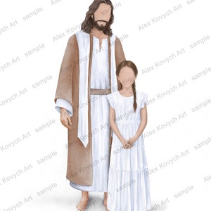 Könnte beinhalten: Ein Aquarellbild von einem Mann und einem Mädchen, die nebeneinander stehen. Der Mann trägt eine braune Robe und das Mädchen ein weißes Kleid. Beide haben die Augen geschlossen und die Hände ineinander verschlungen.