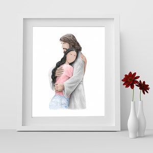Jesus is embracing a girl, Christ Hugging Girl (Black hair), Comforting Gifts for Teen