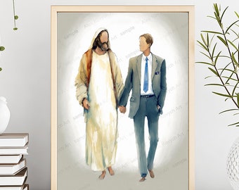 LDS Missionary with Christ, Watercolor Portrait (Digital Download)
