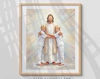 LDS Twin Baptism Gift, Jesus with Children Watercolor Art (Digital Download)