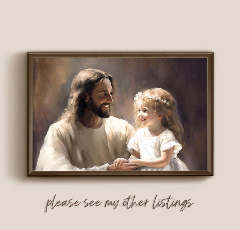 May include: A painting of Jesus with a young girl. Jesus is wearing a white robe and has long brown hair and a beard. The girl is wearing a white dress and a flower crown. They are both smiling and looking at each other.