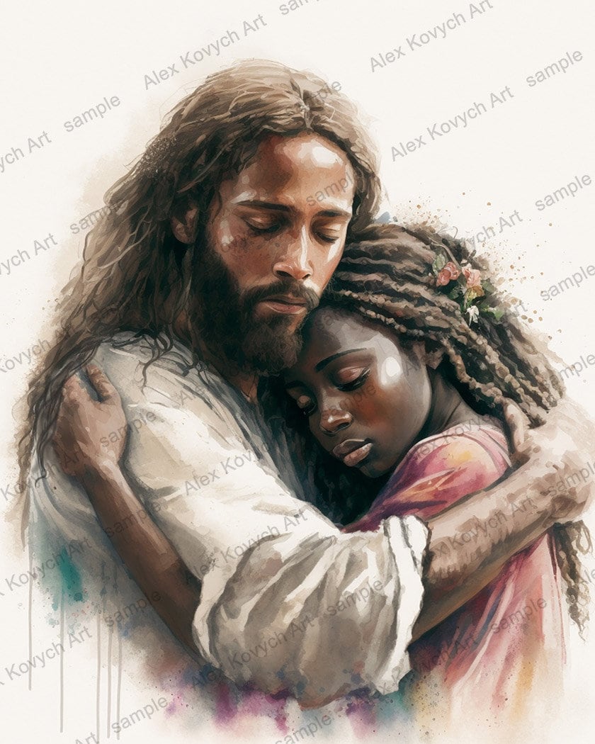 Jesus With a Black Girl, Jesus Art, Girl Hugging Christ, Jesus is Embracing  Girl, Christ Watercolor Portrait, Jesus With a Young Black Woman 