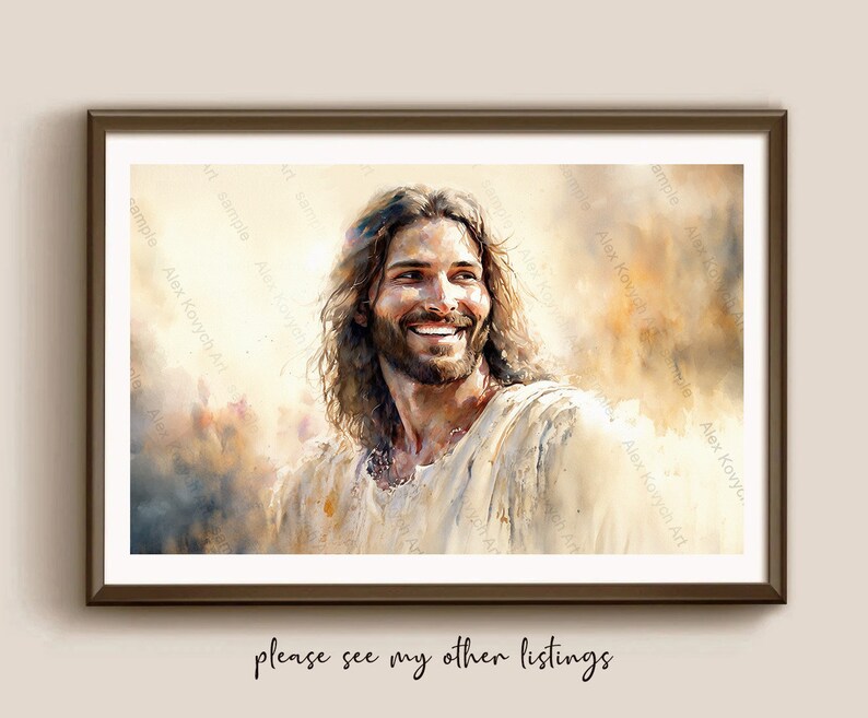 May include: A watercolor painting of a man with long brown hair and a beard. He is smiling and looking to the right. He is wearing a white robe. The background is a soft yellow and white.