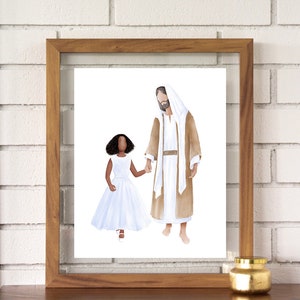 Jesus walking with a girl ( black ) , Christ portrait with child, baptism portrait