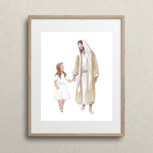 Impression aquarelle Jésus et fille, cadeau de baptême (téléchargement numérique)