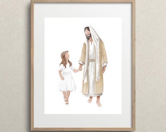 Jesus und Mädchen Aquarell Druck, Taufgeschenk (Digitaler Download)