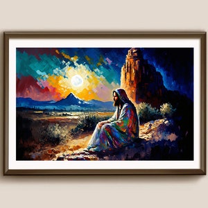 Jésus Jésus prie dans le désert de l'Arizona, Art de Jésus, Christ dans le désert, Portrait de Jésus-Christ, Art chrétien Jésus-Christ LDS