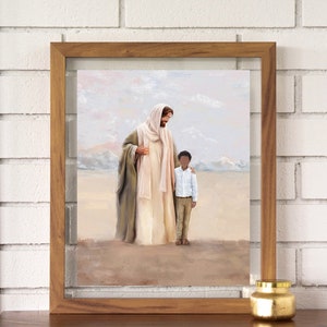Jesus with a black boy, I am a child of God, portrait Baptism, Christ walking with a boy