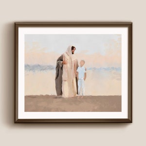 Baptism portrait with Jesus and boy (Blonde and Brown), Christ Embrace watercolor art, First communion boy portrait, Jesus and boy painting