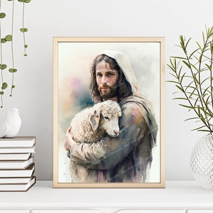 Jesus Christ and Lamb, Printable Wall Art, Jesus The Good Shepherd, Digital Download, Back In His Arms