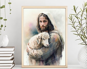 Jesus and Lamb Watercolor Print, Christian Art (Digital Download)