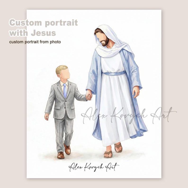 May include: Watercolor illustration of a custom portrait with Jesus and a child. The artwork features a figure in a white robe and blue cloak holding hands with a child in a gray suit. The text "Custom portrait with Jesus" is at the top.
