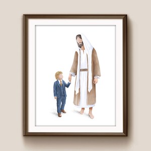 I Walk by faith, communion invitation boy, Jesus Watercolor painting with boy (Blonde hair), Baptism Gift boy, faceless portrait with jesus