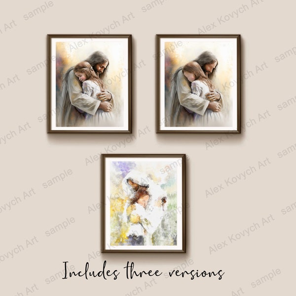 Jesus with a girl with brown hair, Christ watercolor portrait, Girl Hugging Christ, Jesus is embracing a girl, Digital Download