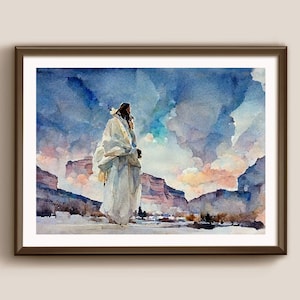 Portrait de Jésus-Christ, Jésus marche à travers l'Arizona, Aquarelle, Portrait du Christ dans l'Utah, Art chrétien Jésus-Christ LDS