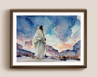 Jesus Christ Watercolor Portrait, Arizona Landscape (Digital Download)