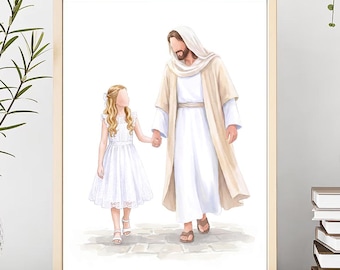 Jesus and Girl Watercolor Art, LDS Baptism Gift, Brunette Walking with Christ (Digital Download)