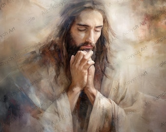 Jesus Prays Art Print, Garden of Gethsemane, Christian Portrait (Digital Download)