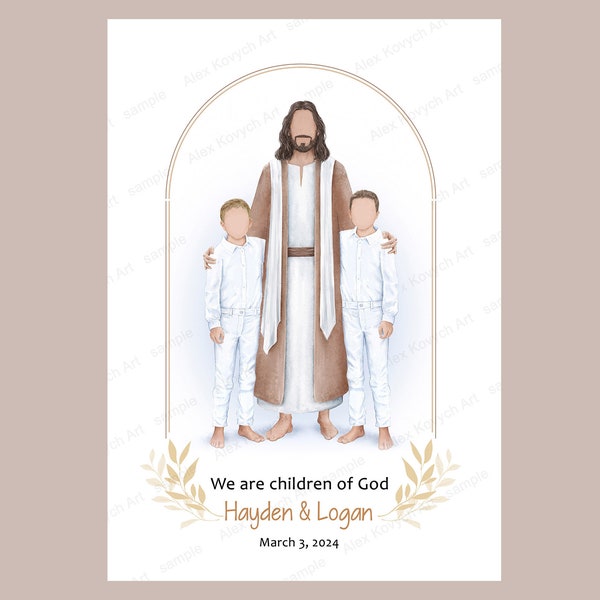 Jesus with children, Digital art with Jesus and the twin boys, Peace in Christ, Children of God, boys walking with Jesus, I walk by faith