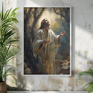 Jesus Art afdrukbaar, Jezus bidt in de tuin van Getsemane, Christusportret, lachende Christus, digitaal schilderen, christelijke muurkunst