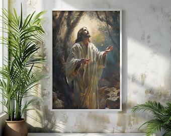 Jesus Art printable, Jesus Prays in the Garden of Gethsemane, Christ portrait, Smiling Christ, digital painting, Christian wall Art