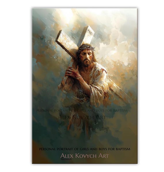 十字架を背負うイエス、キリスト教の絵画、イエスの壁画、聖書の