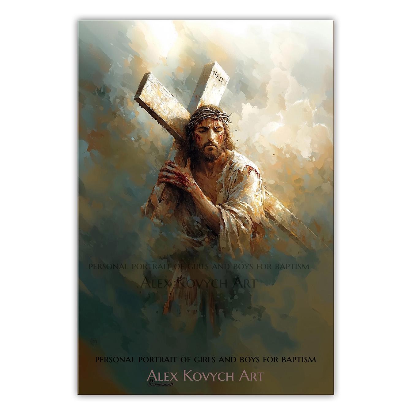 十字架を背負うイエス、キリスト教の絵画、イエスの壁画、聖書の芸術