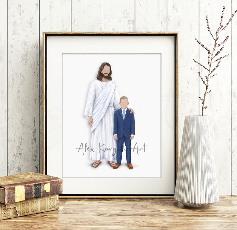May include: Framed art print featuring a depiction of two figures, one in a white robe and the other in a blue suit. The artwork is set against a white background and framed in gold. The artist's signature, "Alex Korych Art," is visible.