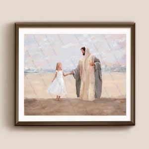 May include: A painting of a young girl in a white dress holding hands with a man in a long white robe. They are walking on a sandy beach with a cloudy sky in the background.
