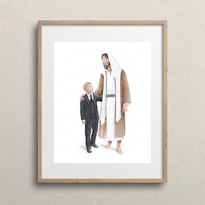 Jesus with a boy, I walk by faith, I am a child of God, Christ portrait with a children ( Blonde hair ), Jesus Christ painting watercolour