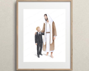 LDS Baptism Gift for Boy, Jesus Christ with Child Print, Christian Watercolor Wall Art, Baptism Printable (Digital Download)