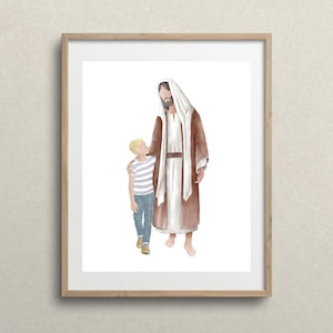 May include: A watercolor painting of Jesus and a young boy walking together. Jesus is wearing a brown robe and the boy is wearing a striped shirt and blue jeans. The painting is set against a white background.
