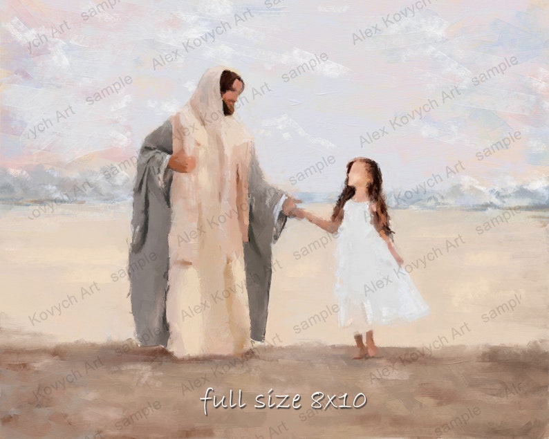 I Walk by faith, I am a Child of God, Lds Baptism, Jesus Watercolor painting with girl Brown hair, Lds Baptism Gift, LDS art image 5
