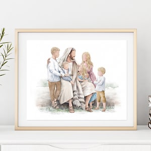 Jesus with children, Come follow Me, I am a Child of God, Jesus watercolor digital print, Peace in Christ, Children of God