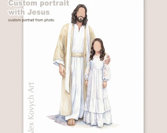 Personalized Portrait with Jesus and Girl, Digital Download, Custom Baptism Gift for Girl, LDS Art, Jesus with Boy, Nursery Decor