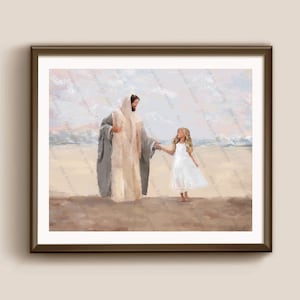 Jesus Watercolor painting with girl (blonde hair), LDS baptism art, Walking with Jesus, I am a Child of God, Digital download gift