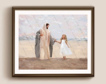 Jesus Watercolor painting with girl (blonde hair), LDS baptism art, Walking with Jesus, I am a Child of God, Digital download gift