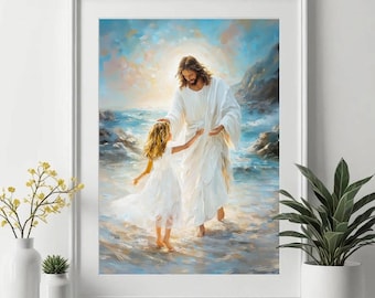 Walking with Jesus, I am a child of God, portrait baptism, Jesus with a girl ( Blonde hair )