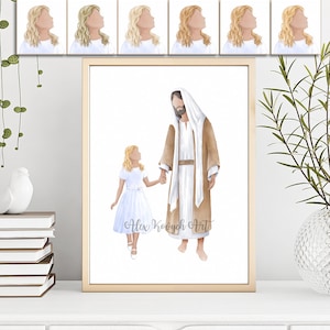 Retrato de Jesucristo con una niña (cabello rubio), Ven y sígueme, camino por fe, niña con vestido de primera comunión, soy un hijo de Dios impreso