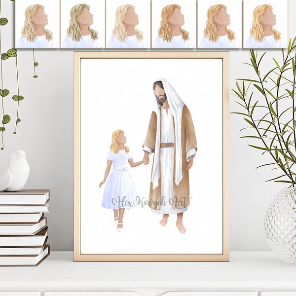 Jesus Christ portrait with a girl (blonde hair), Come Follow Me, I Walk By Faith, Girl with first communion dress, I am a child of God print