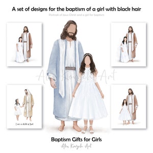 A set of designs for the baptism of a girl with black hair, Baptism gift for girl, Digital download, LDS print with Jesus, I Walk By Faith