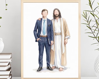 Puede incluir: Una ilustración en acuarela enmarcada que representa a una persona joven sin rostro con traje azul marino, corbata azul claro y un pequeño libro, junto a una figura sin rostro con una túnica blanca larga y una capa color canela.