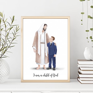 I walk by faith, LDS baptism, Jesus portrait with a boy in a blue suit, ( Brown hair ), I am a child of God, Christ walking with a boy