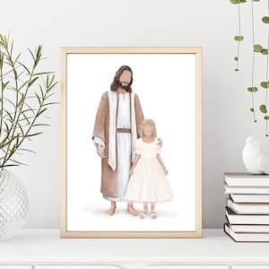 May include: A watercolor painting of a man in a brown robe with a white sash, holding a young girl in a white dress. The man has long brown hair and a beard. The girl has long blonde hair and is wearing a white dress with a white sash. The painting is set against a white background.