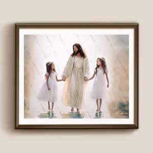 Jesus Portrait with Twin Girls, Baptism Gift, LDS Watercolor Art (Digital Download)