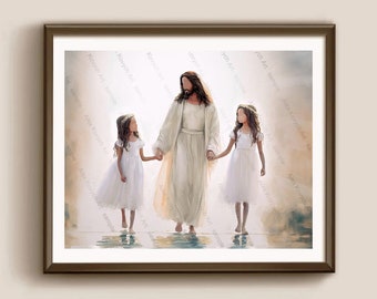 Retrato de Jesús con niñas gemelas, regalo de bautismo, arte en acuarela SUD (descarga digital)
